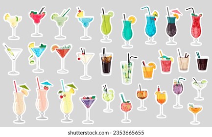 Set of vector stickers of cocktails. Elements for banners, postcards, images. The concept of summer, menu, drinks.