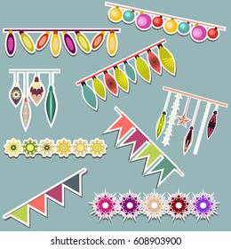 Set of vector stickers with colorful garlands, separated stickers vector decorative elements