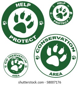 Set of vector stickers with conservation theme and an animal paw outline