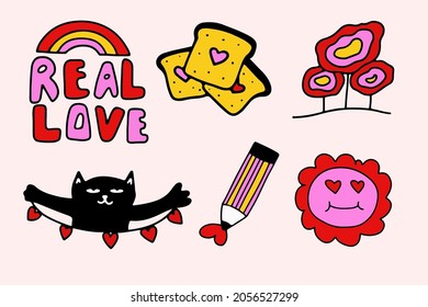 set of vector stickers crazy valentines day.Flowers, face, laptop, tickets in the style of psychedelic hippies. Groovy funky stickers for social media stories. Cute kawaii hand drawn tattoo