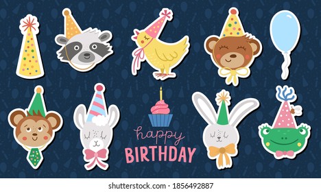 Set of vector stickers with cute animal faces in party hats. Happy birthday avatars collection. Funny holiday illustration of bear, frog, llama, raccoon, hare, monkey for kids. Celebration icons pack