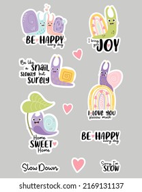 Set of vector stickers with cute snails and funny phrases about love and molluscs. Snails in love, happy mollusk on rainbow and insect with leaf. Isolated elements for design, decor, print