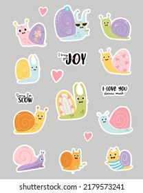 Set Of Vector Stickers With Cute Snails And Phrases. Funny Insect Characters Snail Sailor And In Sun Glasses With Cocktail, With Rainbow Shell And Hearts. Isolated Elements For Design, Decor, Print
