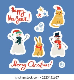 Set of vector stickers with cute snowmen and symbols of the year. Vector flat illustration with winter holidays elements and handwritten Christmas lettering.