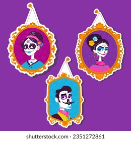 set of vector stickers for the day of the dead in mexico in cartoune style in pink, purple and blue shades. Portraits of dead girls and man with beautiful hairstyles and flowers. 