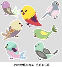 Set of vector stickers with different cartoon birds, separated bird stickers,vector decorative elements