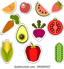 Set of vector stickers with different fruits and vegetables, separated food stickers,vector decorative elements