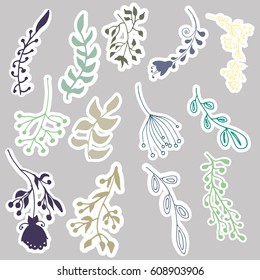 Set of vector stickers with different hand drawn pastel floral elements, separated floral stickers,vector decorative elements