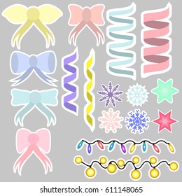 Set of vector stickers with different party objects, separated bows and garlands stickers,vector decorative elements