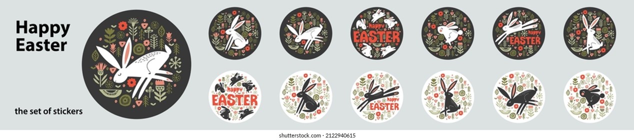 A set of vector stickers for Easter. Cute rabbits and spring flowers.