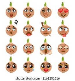 Set of vector stickers, emojis with cute onion