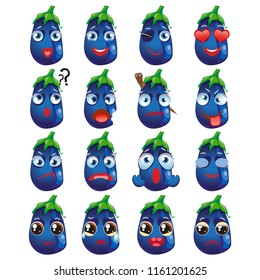 Set of vector stickers, emojis with cute Eggplant