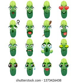 Set of vector stickers, emojis with cute cucumber