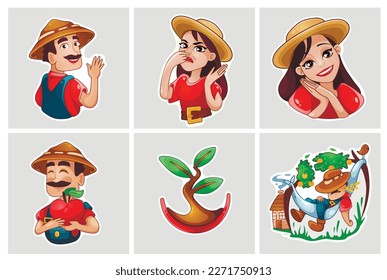 Set of vector stickers farmers and farming. Farewell, disgust, gratitude, gift, chilling, etc.