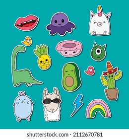 Set of vector stickers, food and animals  characters, dinosaur, rainbow,  jellyfish, lips, unicorn, lightning, avocado, llama, monster, pineapple, bunny, cactus, donut. Diary stickers and for planner 