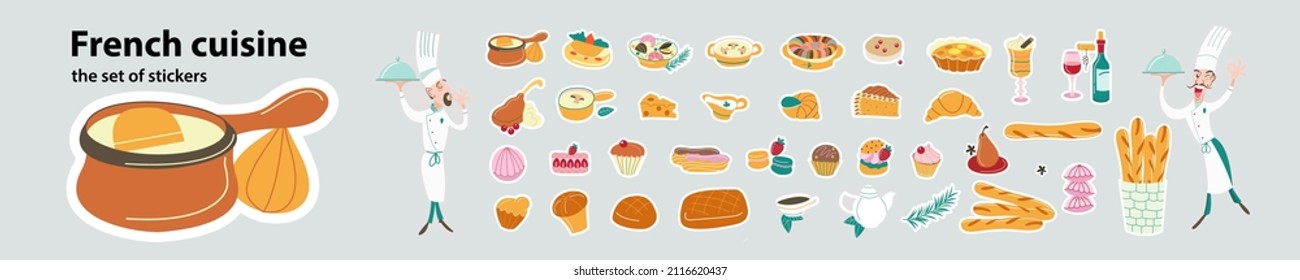 A set of vector stickers of French dishes and chef characters.