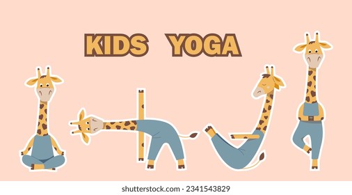 Set of vector stickers with funny little giraffes. Kids yoga with cartoon animals. 