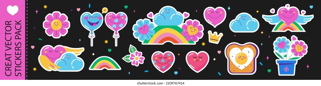 A set of vector stickers. Hearts with cute faces, flowers in love and a rainbow.