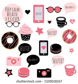 Set of vector stickers in hipster black and pink theme, good for scrapbooking, bullet journals, patches, etc.