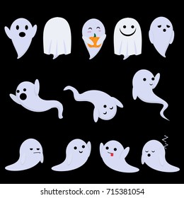 A set of vector stickers for a holiday of halloween with ghosts - funny cartoon ghosts in different poses and emotions. Happy, love, sad, scary, sleeping ghost.