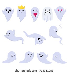 A set of vector stickers for a holiday of halloween with ghosts - funny cartoon ghosts in different poses and emotions. Happy, love, sad, scary, sleeping ghost.
