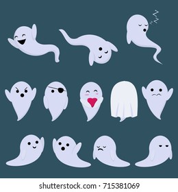 A set of vector stickers for a holiday of halloween with ghosts - funny cartoon ghosts in different poses and emotions. Happy, love, sad, scary, sleeping ghost.