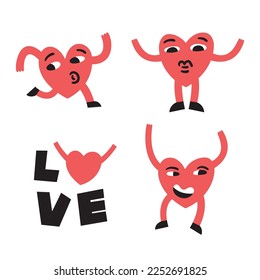 Set of vector stickers for holiday. Valentine's Day. Cute cartoon character. Anthropomorphic heart with arms and legs. Text Love. Hug. Embrace. Adult store mascot. Greeting card for a lover. Handdrawn