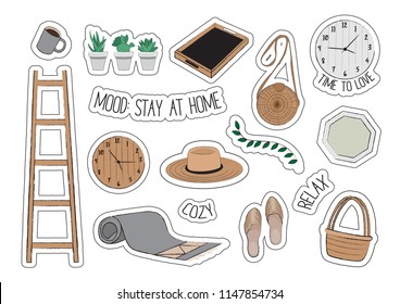 Set of vector stickers. Home decor. Cozy isolated illustrations. Tray, wicker hat, round bag, basket, mug, wooden staircase, carpet, wall clock, succulents in pots, slippers, inscriptions.