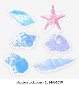 Set Vector stickers with the image of shells on white background, seashells in Pointillism style