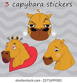 Set of vector stickers with images of capybaras. Capybara emotions. Embarrassment. Indignation. Falling in love