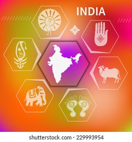 Set of vector stickers India mythological and folkloric symbols on the bright blurry background for the design of tourist brochures and website design.