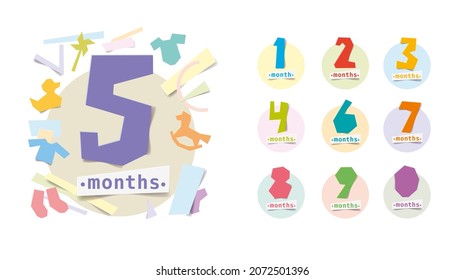 Set of vector stickers with the inscription 1, 2, 3, 4, 5, 6, 7, 8, 9, 0 months. Happy birthday card for a child up to one year old. Colorful art design cut with paper scissors.