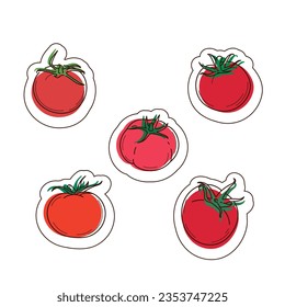 Set of vector stickers isolated from the background. Hand-drawn bright juicy tomatoes on a white background.