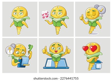 Juego de teclas de pegatinas vectoriales en el estilo lindo de la caricatura. Da un regalo, me gusta, resuelve problemas, confirma, enamorado.