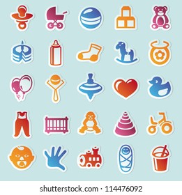 Set of vector stickers with kids and toys - design elements for children