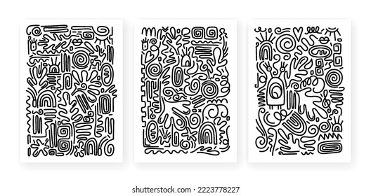 Set of vector stickers and labels in doodle style. Set of modern print patterns with abstract minimalist elegant brush stroke lines and black color line. Simple childish doodle background.