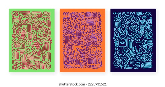 Set of vector stickers and labels in doodle style. Set of modern prints with abstract minimalist elegant brush stroke lines and color line. Multicolored backgrounds. Simple childish doodle background.