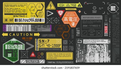 Set von Vektoraufklebern und Etiketten im futuristischen Stil. Inschriften und Symbole, japanische Hieroglyphen für Gefahr, Aufmerksamkeit, AI-gesteuert, Hochspannung, Warnung. Cyberpunk-Aufkleber