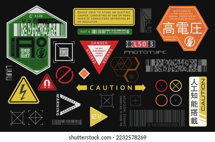 Set of vector stickers and labels in futuristic style. Inscriptions and symbols, Japanese hieroglyphs for danger, attention, AI controlled, high voltage, warning. Cyberpunk sticker set