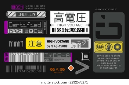 Set of vector stickers and labels in futuristic style. Inscriptions and symbols, Japanese hieroglyphs for danger, attention, AI controlled, high voltage, warning. Cyberpunk sticker set