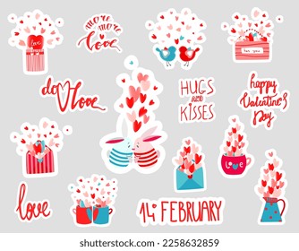 Set of vector stickers of love and Valentine's Day. Cartoon valentine icons with inspirational quotes. Set of trendy inscriptions about love, feelings, emotions, relationships.