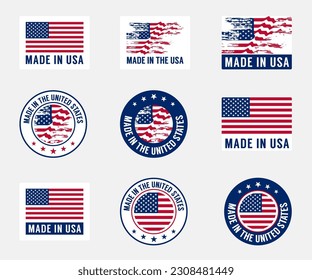 Set of vector stickers Made in USA with national flag