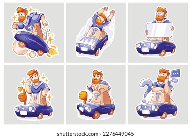 Set of vector stickers man car in cartoon style. Hurries, flies, stands with a poster, like, dislike, asks.