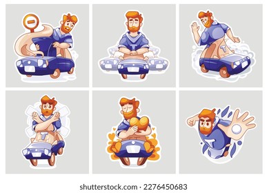 Set of vector stickers man car in cartoon style. Breakdown, waiting, drift, denial, love, superpowers.