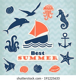 Set of vector stickers with marine life