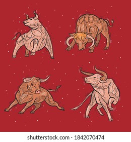 Set of vector stickers for the new year. Symbol of the year bull or bison, buffalo. Different animal poses according to the Chinese calendar