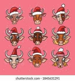 Set of vector stickers for the new year. Symbol of the year bull or bison, buffalo. Different animal poses according to the Chinese calendar