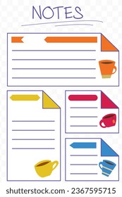 Set of vector stickers for notes. Stickers come in a variety of sizes with a colorful accent and cute coffee and tea cups for taking notes with space for text. Isolated from the background.