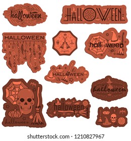set vector stickers on the theme of Halloween. Holiday in October. Images hats, pumpkins, spider webs, broom, etc. It can be used for packaging, invitations, greeting cards, etc.
