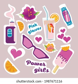 Set of vector stickers on the theme of summer. Bright stickers of images of vape, glasses, flowers, cocktail, watches and inscriptions. Girly stickers in pink colors. Suitable for diary decoration. 